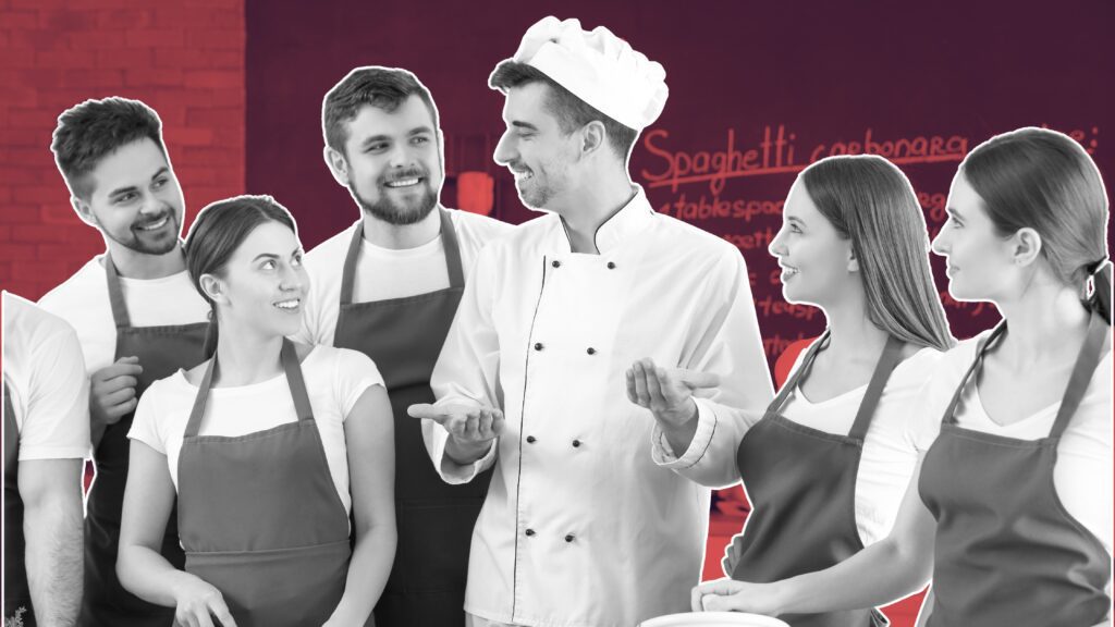 Chef demonstrating growth mindset in hospitality Chef team collaborating, Hospitality staff learning