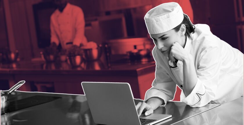 chef scheduling social media post with phone and food photos