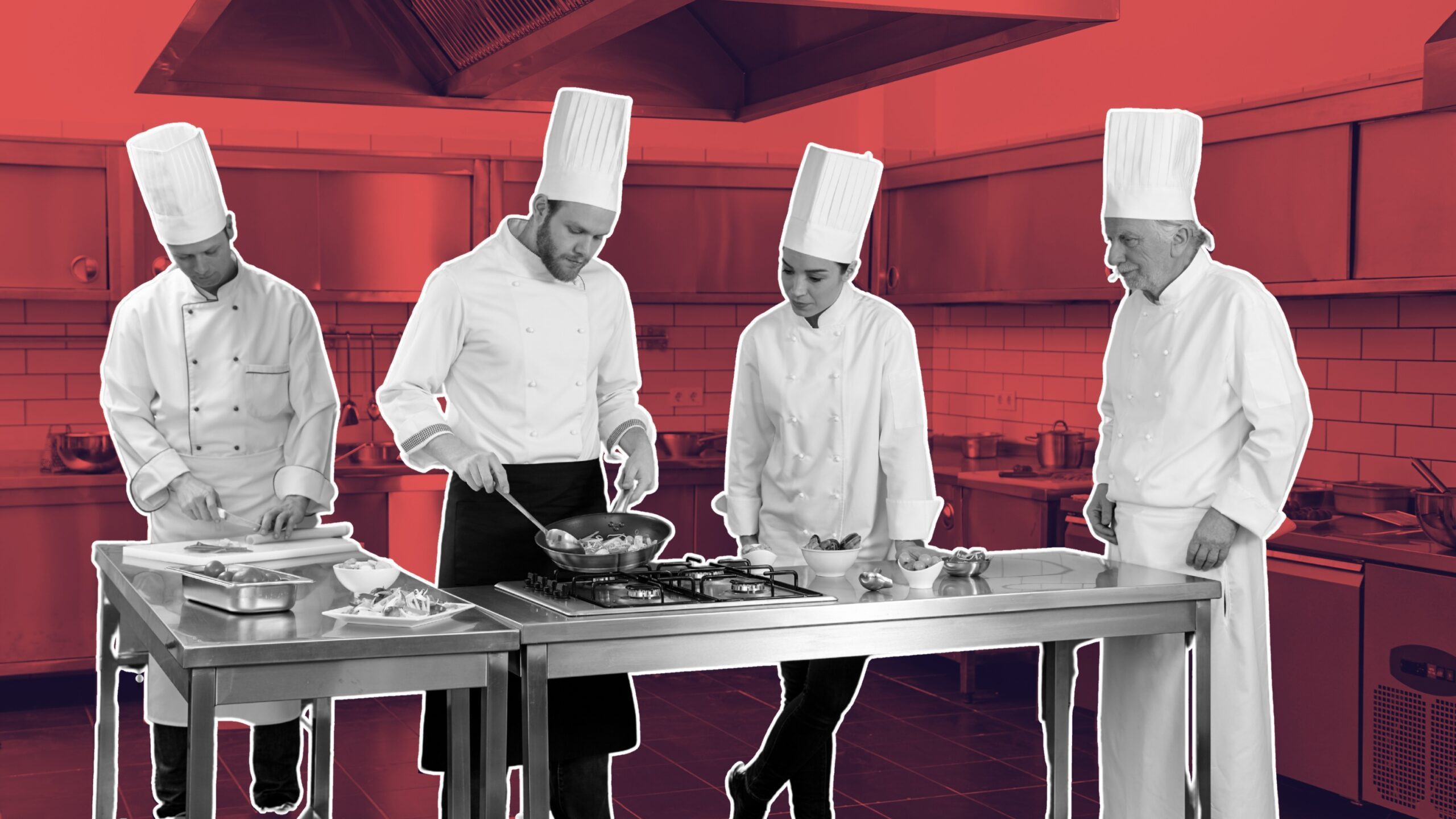 Printed kitchen role PDFs pinned on prep room wall